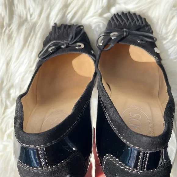 Tod’s Black Patent Leather/Suede Fringe Loafer Pumps Heels - Picture 11 of 16